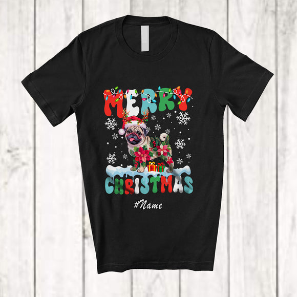 MacnyStore - Personalized Custom Name Merry Christmas; Lovely Santa Pug Poinsettia Flowers Groovy T-Shirt