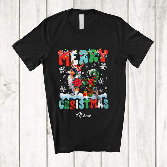 MacnyStore - Personalized Custom Name Merry Christmas; Lovely Santa Sheltie Poinsettia Flowers Groovy T-Shirt