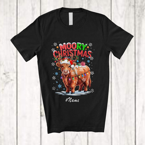 MacnyStore - Personalized Custom Name Moory Christmas; Lovely Santa Reindeer Scottish Highland Cow T-Shirt
