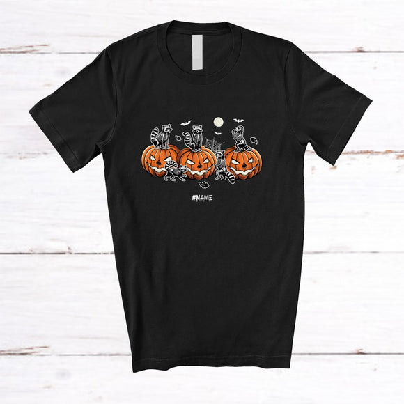 MacnyStore - Personalized Custom Name Skeleton Raccoons On Pumpkin; Horror Halloween Family Group T-Shirt