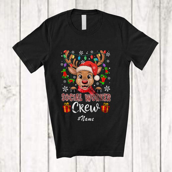 MacnyStore - Personalized Custom Name Social Worker Crew; Lovely Christmas Leopard Reindeer Face T-Shirt