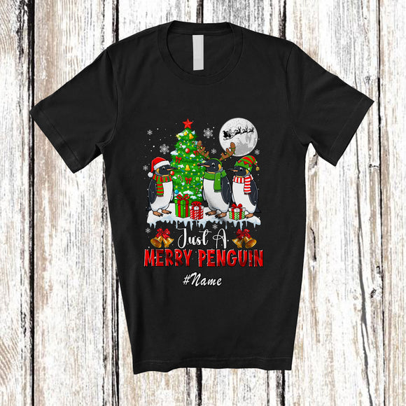 MacnyStore - Personalized Custom Name A Merry Penguin; Lovely Christmas Three Santa Elf Penguin X-mas Tree T-Shirt