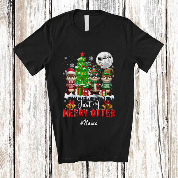 MacnyStore - Personalized Custom Name Just A Merry Otter; Lovely Christmas Three Santa Elf Otter X-mas Tree T-Shirt