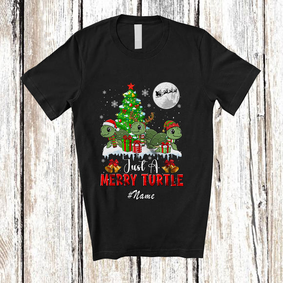 MacnyStore - Personalized Custom Name Just A Merry Turtle; Lovely Christmas Three Santa Elf Turtle X-mas Tree T-Shirt