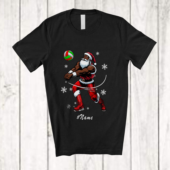MacnyStore - Personalized Custom Name Black African Santa Playing Volleyball; Joyful Christmas Afro Player T-Shirt