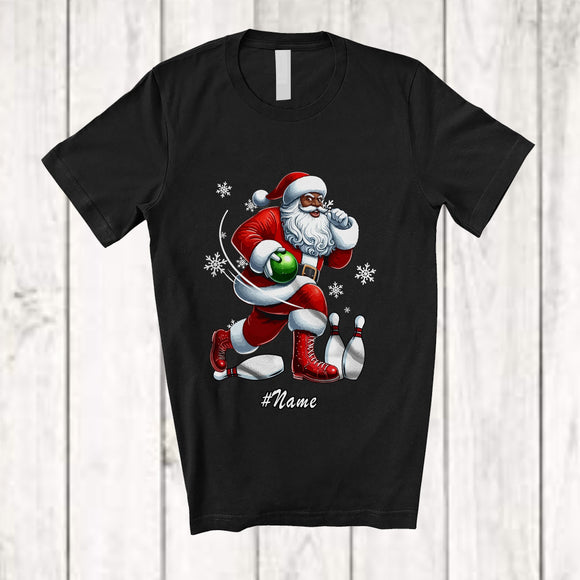 MacnyStore - Personalized Custom Name Black African Santa Playing Bowling; Joyful Christmas Afro Player T-Shirt
