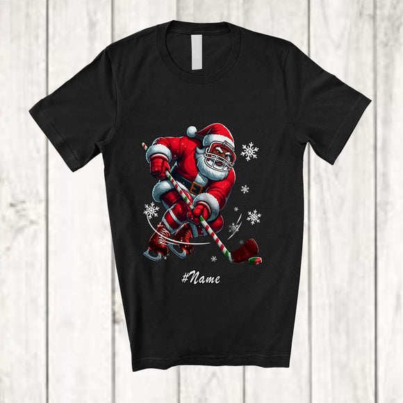 MacnyStore - Personalized Custom Name Black African Santa Playing Ice Hockey; Joyful Christmas Afro Player T-Shirt