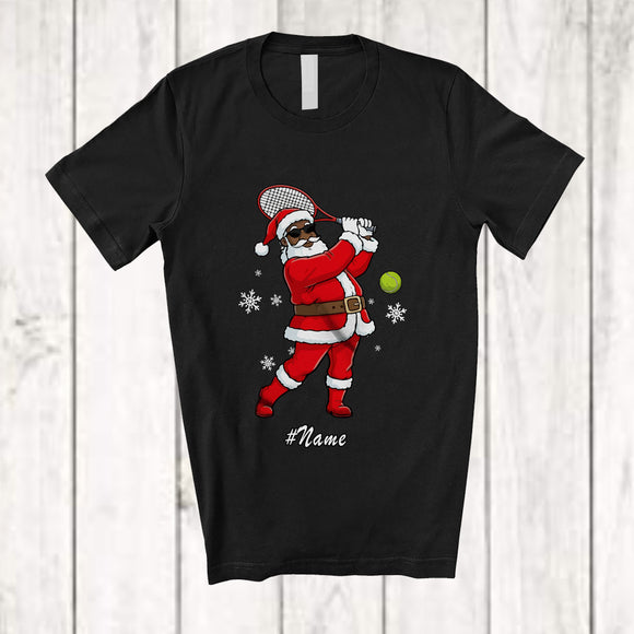 MacnyStore - Personalized Custom Name Black African Santa Playing Tennis; Joyful Christmas Afro Player T-Shirt