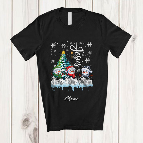 MacnyStore - Personalized Custom Name Jesus Merry Christmas; Lovely X-mas Three Snowman; Family Group T-Shirt