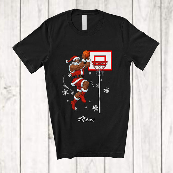 MacnyStore - Personalized Custom Name Black African Santa Playing Basketball; Joyful Christmas Afro Player T-Shirt