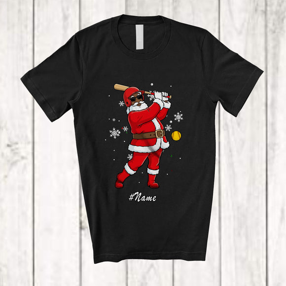 MacnyStore - Personalized Custom Name Black African Santa Playing Softball; Joyful Christmas Afro Player T-Shirt