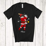 MacnyStore - Personalized Custom Name Black African Santa Playing Softball; Joyful Christmas Afro Player T-Shirt