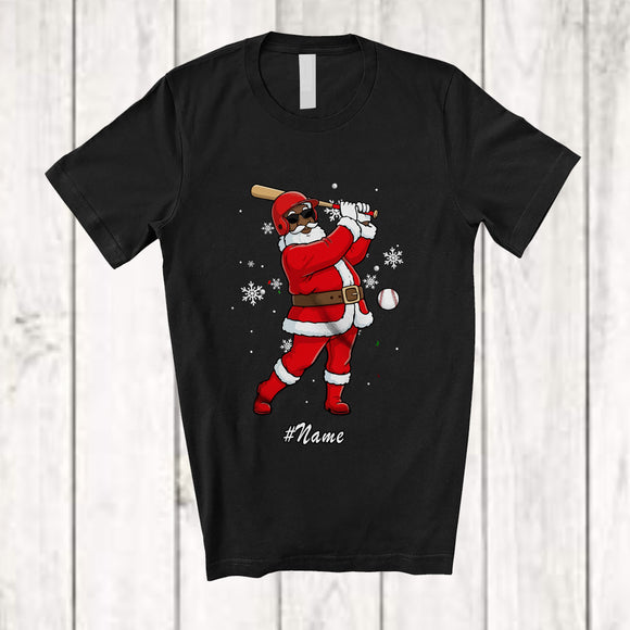 MacnyStore - Personalized Custom Name Black African Santa Playing Baseball; Joyful Christmas Afro Player T-Shirt