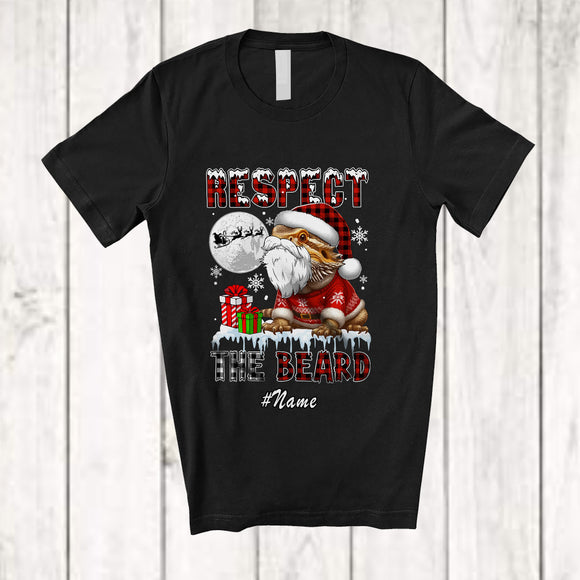 MacnyStore - Personalized Custom Name Respect The Beard; Joyful Christmas Red Plaid Bearded Dragon Santa T-Shirt