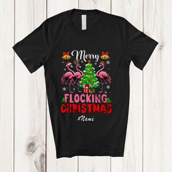 MacnyStore - Personalized Custom Name Merry Flocking Christmas; Joyful X-mas Tree Flamingo Lover T-Shirt