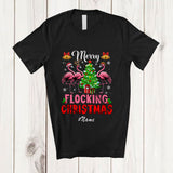 MacnyStore - Personalized Custom Name Merry Flocking Christmas; Joyful X-mas Tree Flamingo Lover T-Shirt
