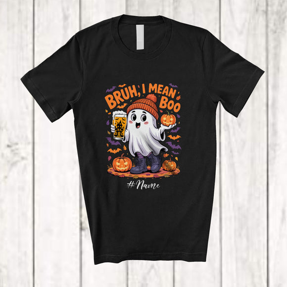 MacnyStore - Personalized Custom Name Bruh I Mean Boo; Adorable Halloween Boo Ghost Drinking Beer T-Shirt