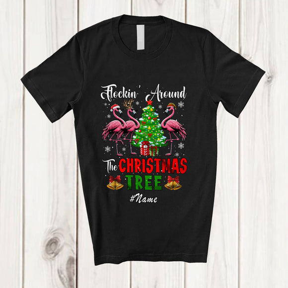 MacnyStore - Personalized Custom Name Flockin' Around The Christmas Tree; Joyful X-mas Tree Flamingo T-Shirt