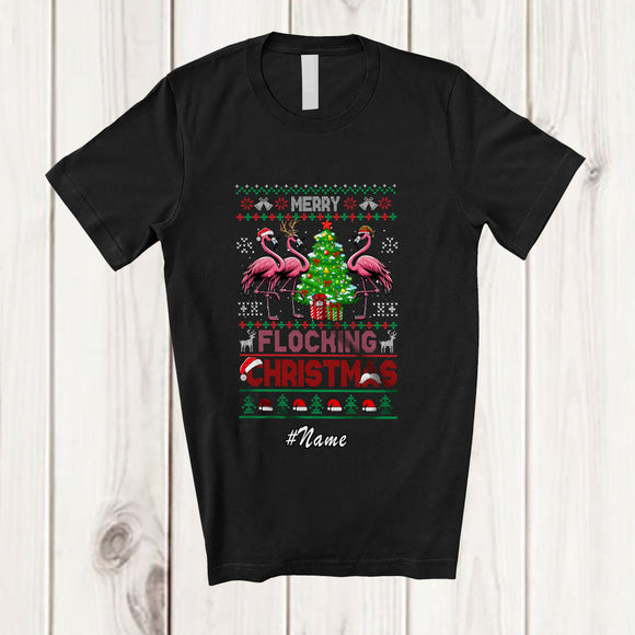 MacnyStore - Personalized Custom Name Merry Flocking Christmas; Joyful X-mas Tree Sweater Flamingo T-Shirt