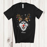 MacnyStore - Personalized Custom Name Reindeer Husky Face; Lovely Christmas Ornaments Lights T-Shirt