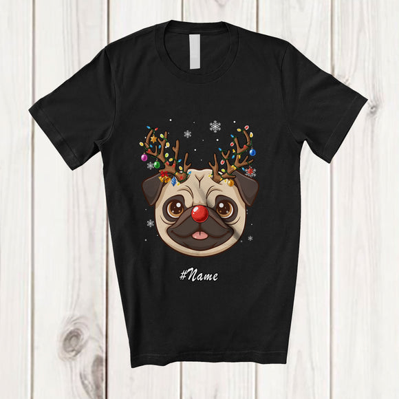 MacnyStore - Personalized Custom Name Reindeer Pug Face; Lovely Christmas Ornaments Lights T-Shirt