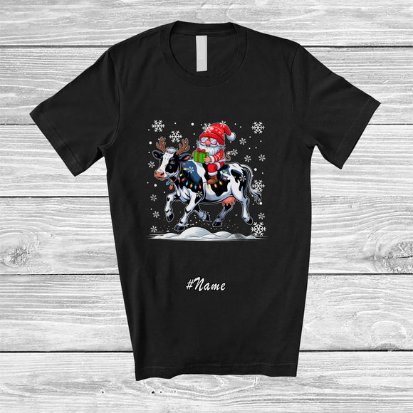 MacnyStore - Personalized Custom Name Gnome Riding Cow Reindeer; Lovely Christmas Light Farmer T-Shirt