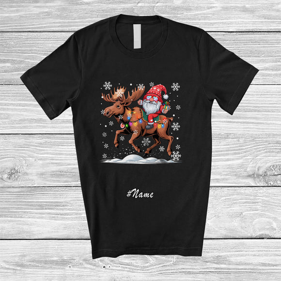 MacnyStore - Personalized Custom Name Gnome Riding Moose Reindeer; Lovely Christmas Light Animal T-Shirt