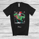 MacnyStore - Personalized Custom Name Gnome Riding T-Rex Reindeer; Lovely Christmas Light Dinosaur T-Shirt