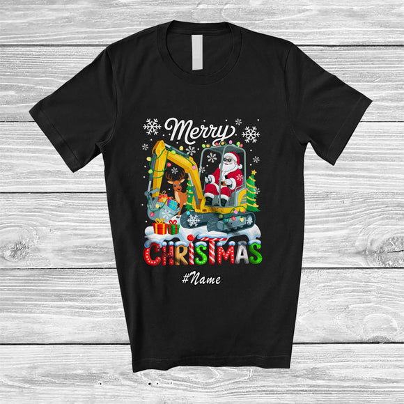 MacnyStore - Personalized Custom Name Merry Christmas; Joyful Santa Reindeer Riding Excavator Driver T-Shirt