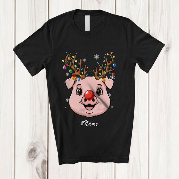 MacnyStore - Personalized Custom Name Reindeer Pig Face; Lovely Christmas Ornaments Lights Farmer T-Shirt
