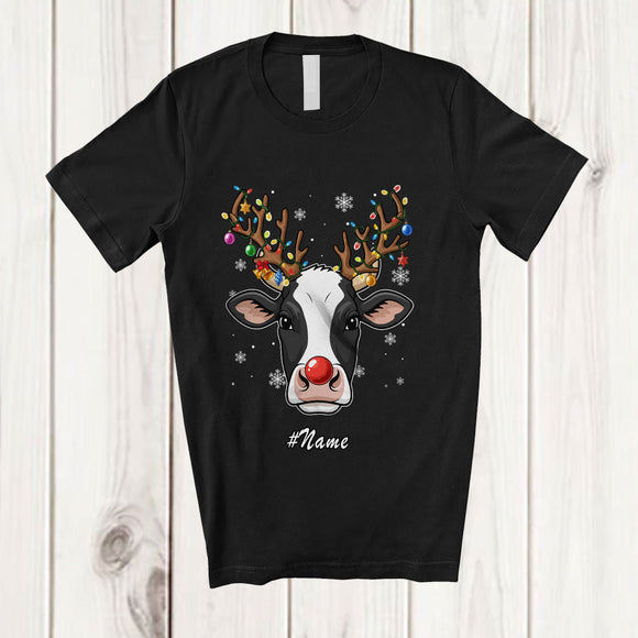MacnyStore - Personalized Custom Name Reindeer Cow Face; Lovely Christmas Ornaments Lights Farmer T-Shirt