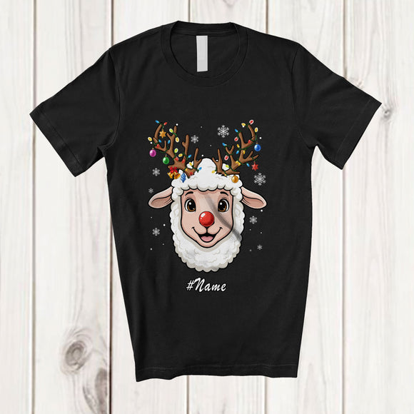 MacnyStore - Personalized Custom Name Reindeer Sheep Face; Awesome Christmas Ornaments Lights Farmer T-Shirt