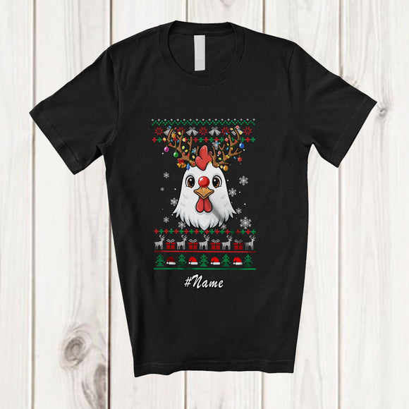 MacnyStore - Personalized Custom Name Christmas Reindeer Chicken Face; Lovely Sweater Lights Farmer T-Shirt
