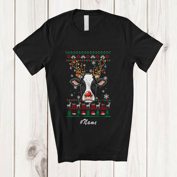 MacnyStore - Personalized Custom Name Christmas Reindeer Cow Face; Lovely Sweater Ornaments Lights Farmer T-Shirt