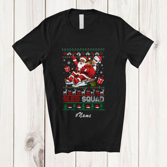 MacnyStore - Personalized Custom Name Sled Squad; Merry Christmas Sweater Black Afro Santa Snowman Sleigh T-Shirt