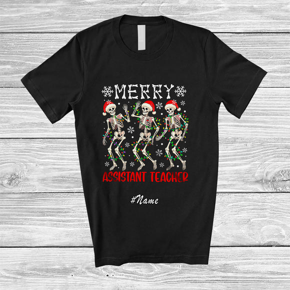MacnyStore - Personalized Custom Name Merry Assistant Teacher; Joyful Christmas Three Santa Dancing T-Shirt