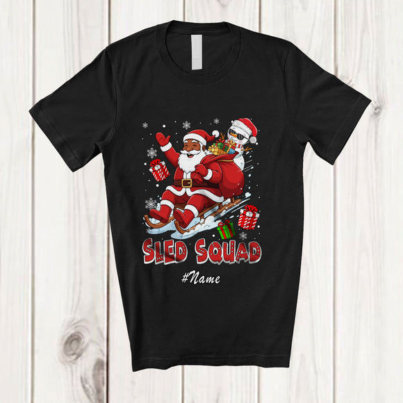 MacnyStore - Personalized Custom Name Sled Squad; Merry Christmas Black Afro African Santa Snowman Sleigh T-Shirt