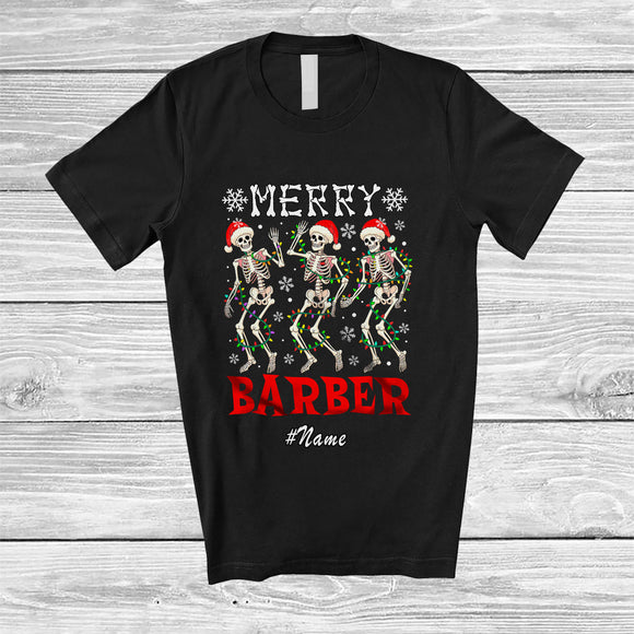 MacnyStore - Personalized Custom Name Merry Barber; Joyful Christmas Lights Three Santa Dancing T-Shirt