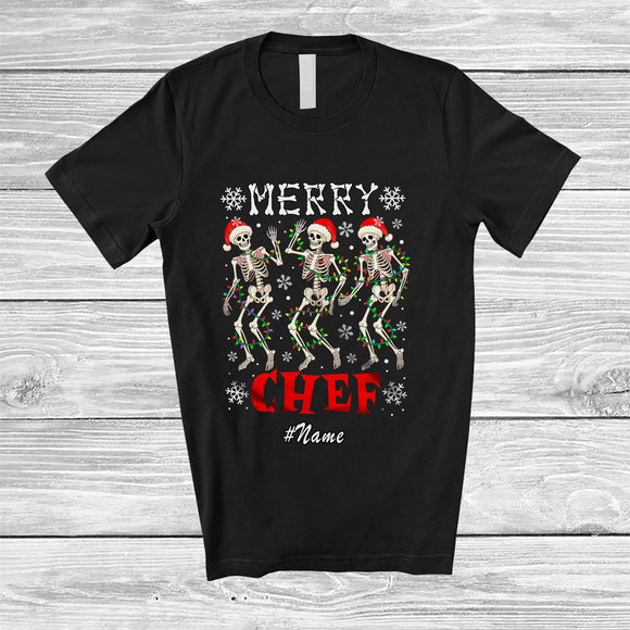 MacnyStore - Personalized Custom Name Merry Chef; Joyful Christmas Lights Three Santa Dancing Jobs T-Shirt