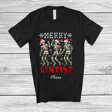 MacnyStore - Personalized Custom Name Merry Dentist; Joyful Christmas Lights Three Santa Dancing T-Shirt