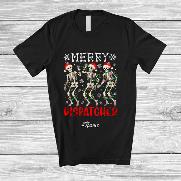 MacnyStore - Personalized Custom Name Merry Dispatcher; Joyful Christmas Lights Three Santa Dancing T-Shirt