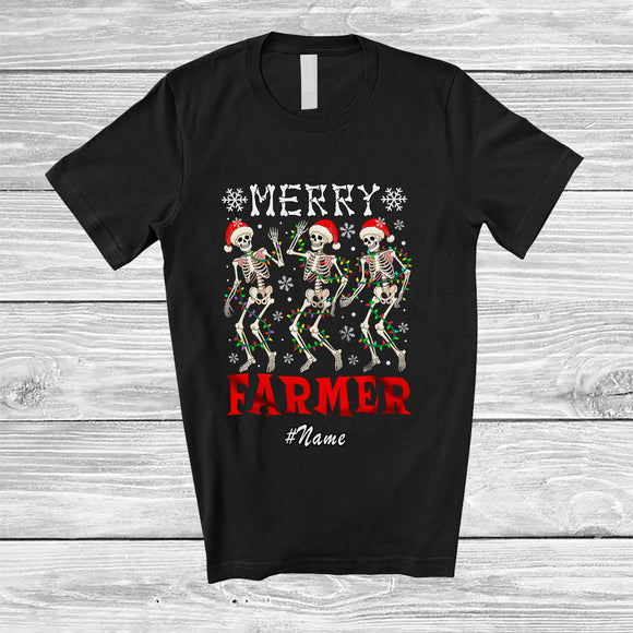 MacnyStore - Personalized Custom Name Merry Farmer; Joyful Christmas Lights Three Santa Dancing T-Shirt