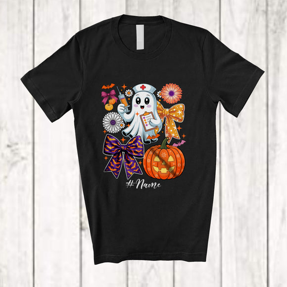 MacnyStore - Personalized Custom Name Boo Ghost Nursing Pumpkin Coquette; Lovely Halloween Nurse Squad T-Shirt