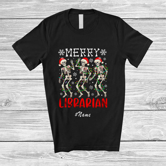 MacnyStore - Personalized Custom Name Merry Librarian; Joyful Christmas Lights Three Santa Dancing T-Shirt
