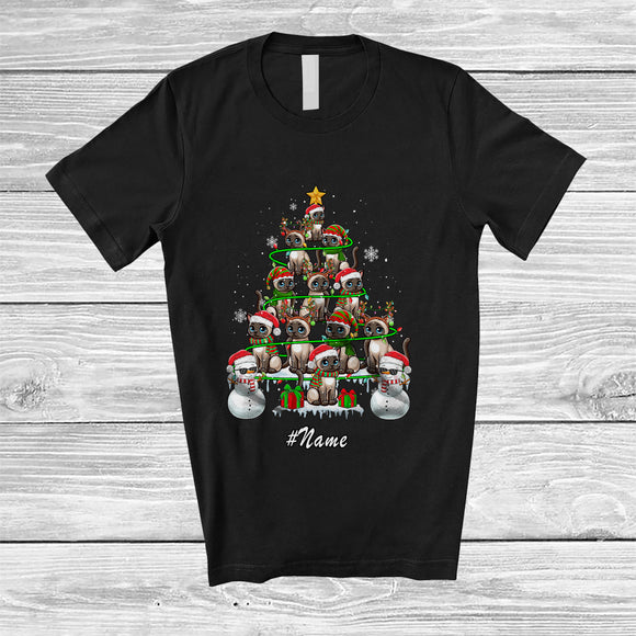 MacnyStore - Personalized Custom Name Siamese Cat Christmas Tree Snowman; Lovely X-mas Lights Family T-Shirt