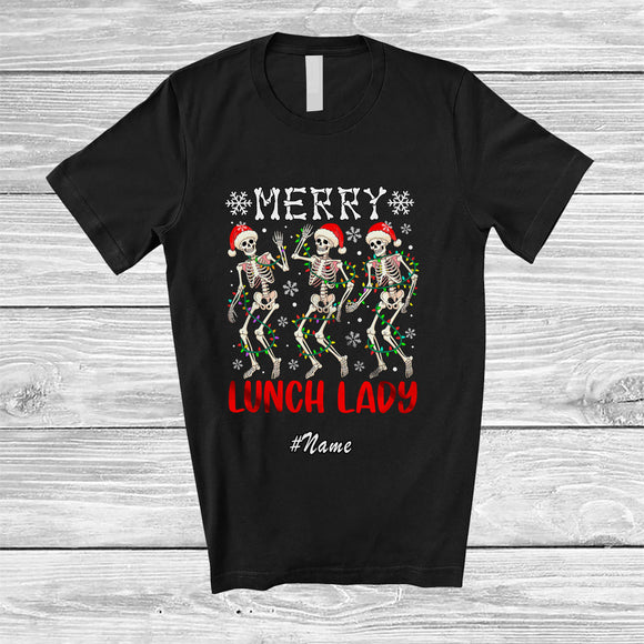 MacnyStore - Personalized Custom Name Merry Lunch Lady; Joyful Christmas Lights Three Santa Dancing T-Shirt