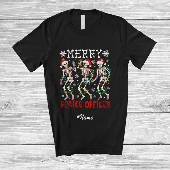 MacnyStore - Personalized Custom Name Merry Police Officer; Joyful Christmas Lights Three Santa Dancing T-Shirt