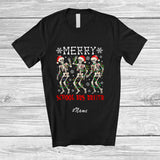 MacnyStore - Personalized Custom Name Merry School Bus Driver; Joyful Christmas Three Santa Dancing T-Shirt