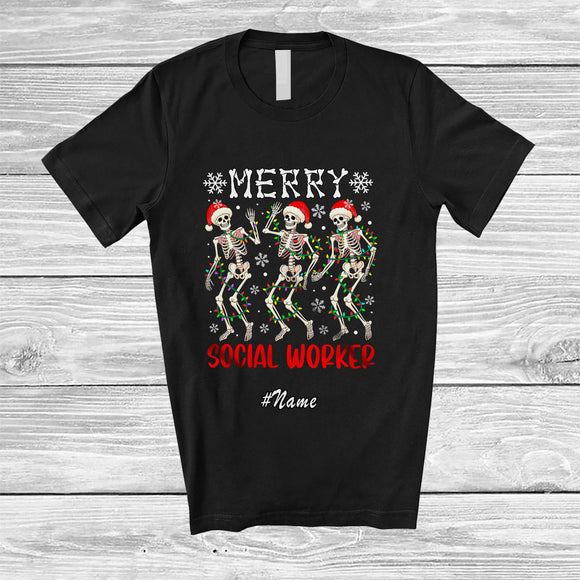 MacnyStore - Personalized Custom Name Merry Social Worker; Joyful Christmas Lights Three Santa Dancing T-Shirt
