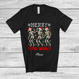 MacnyStore - Personalized Custom Name Merry Social Worker; Joyful Christmas Lights Three Santa Dancing T-Shirt